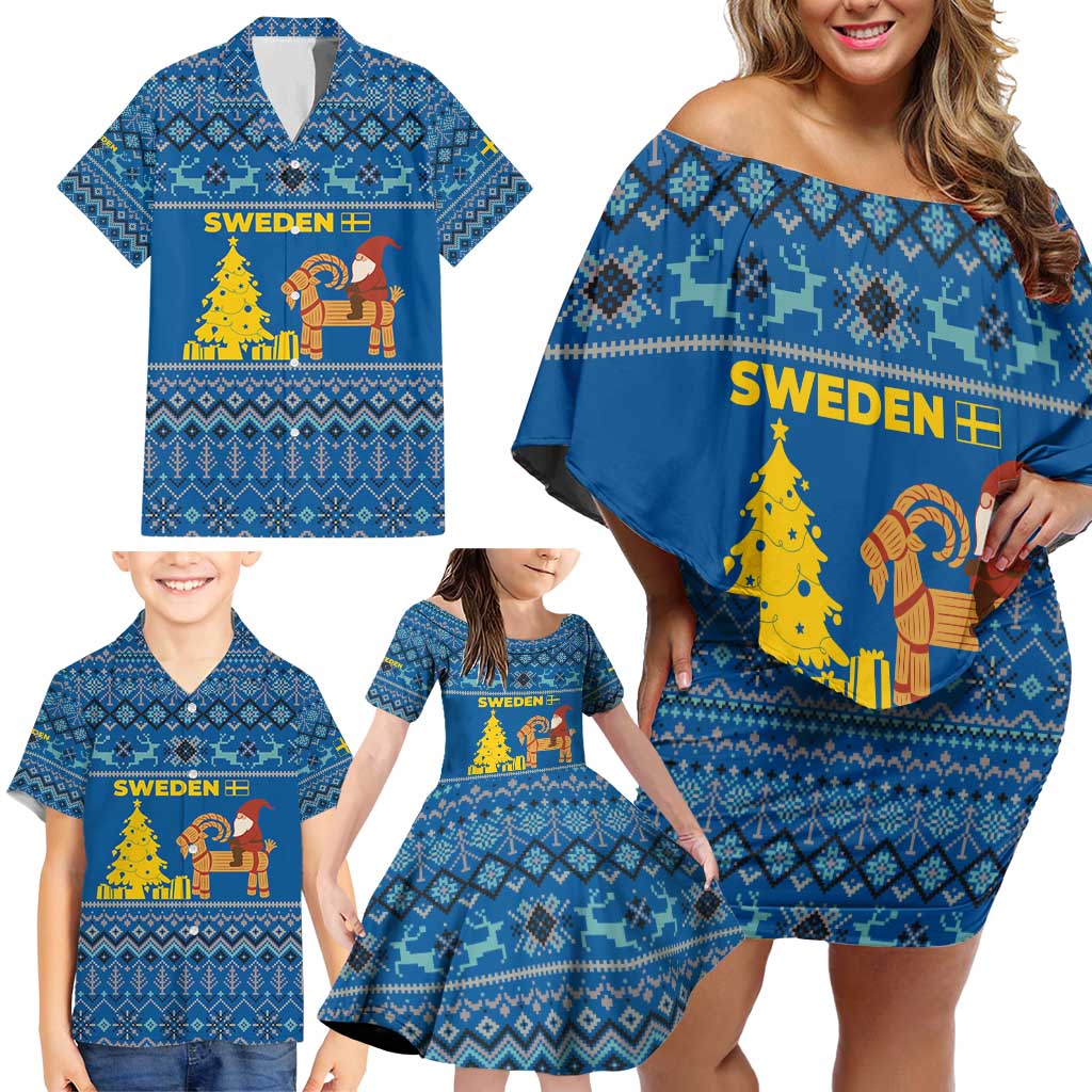 Sweden Christmas Family Matching Off Shoulder Short Dress and Hawaiian Shirt with Gnome Yule Goat Royal Crest and Nordic Pattern - Wonder Print Shop
