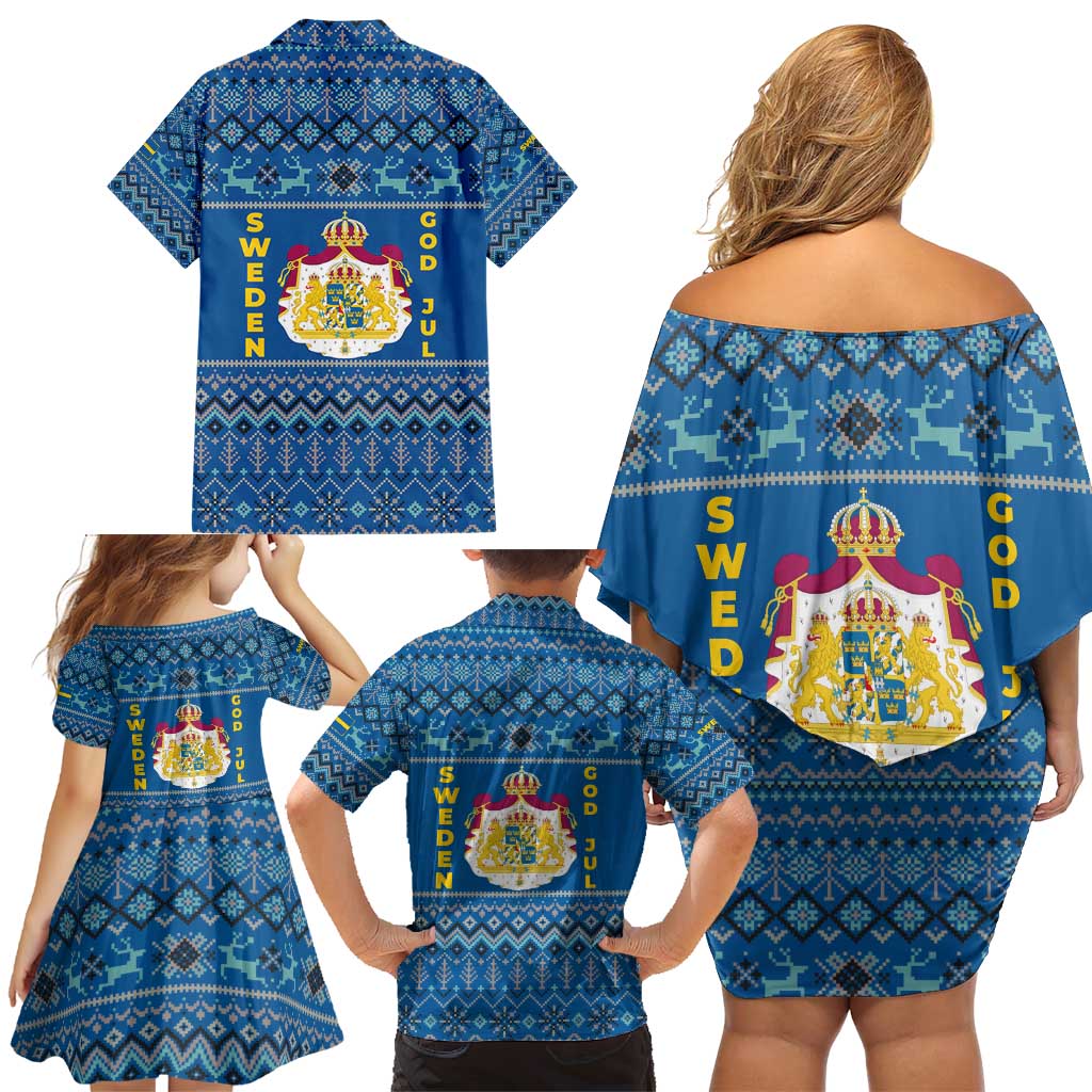 Sweden Christmas Family Matching Off Shoulder Short Dress and Hawaiian Shirt with Gnome Yule Goat Royal Crest and Nordic Pattern - Wonder Print Shop