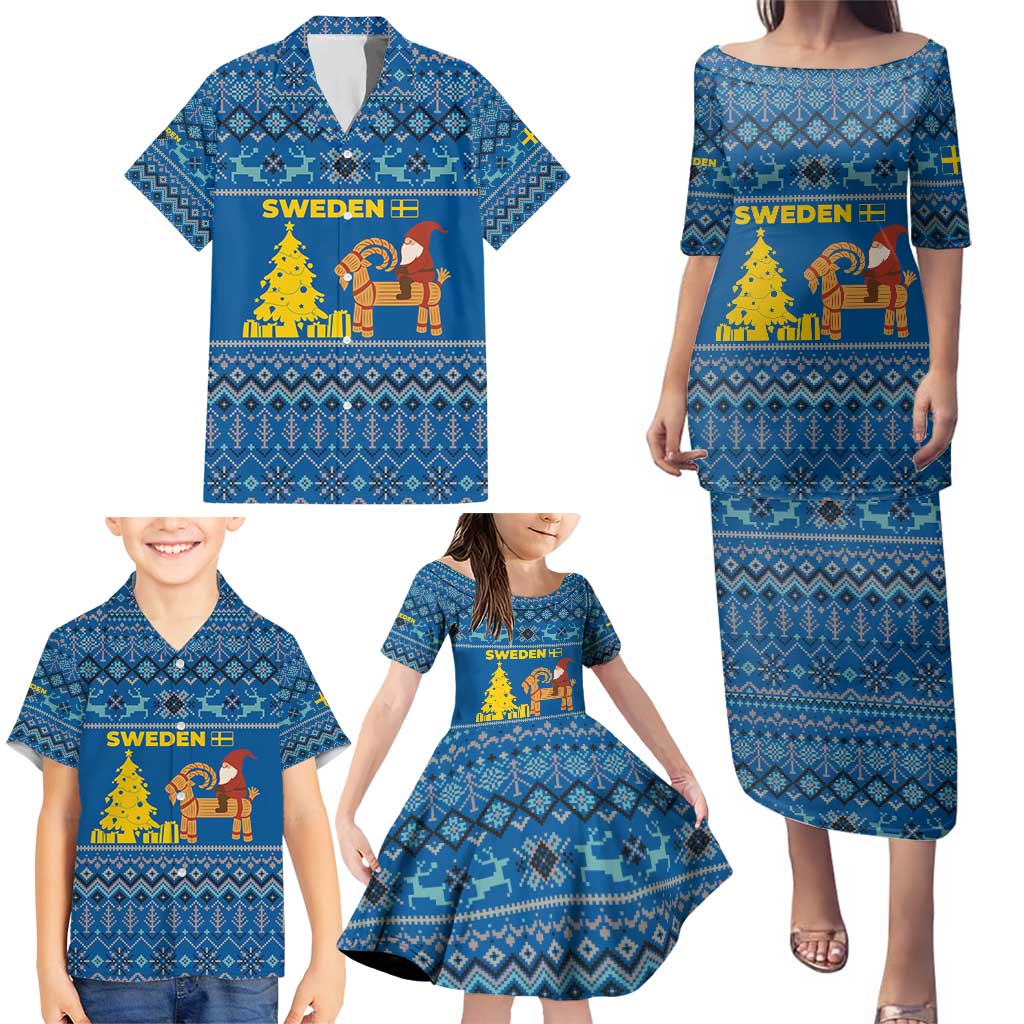 Sweden Christmas Family Matching Puletasi and Hawaiian Shirt with Gnome Yule Goat Royal Crest and Nordic Pattern - Wonder Print Shop