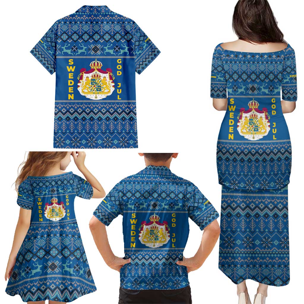 Sweden Christmas Family Matching Puletasi and Hawaiian Shirt with Gnome Yule Goat Royal Crest and Nordic Pattern - Wonder Print Shop