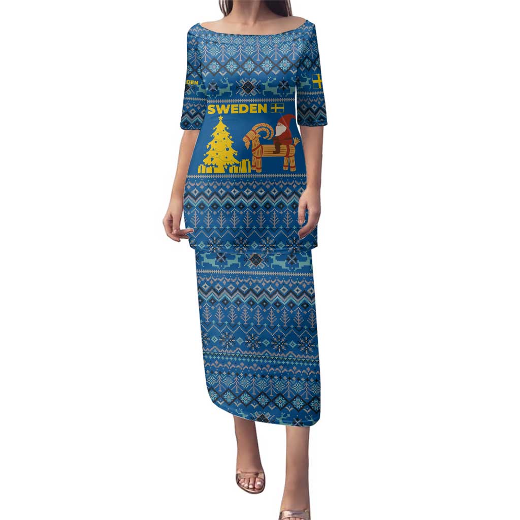 Sweden Christmas Family Matching Puletasi and Hawaiian Shirt with Gnome Yule Goat Royal Crest and Nordic Pattern - Wonder Print Shop