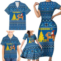 Sweden Christmas Family Matching Short Sleeve Bodycon Dress and Hawaiian Shirt with Gnome Yule Goat Royal Crest and Nordic Pattern - Wonder Print Shop