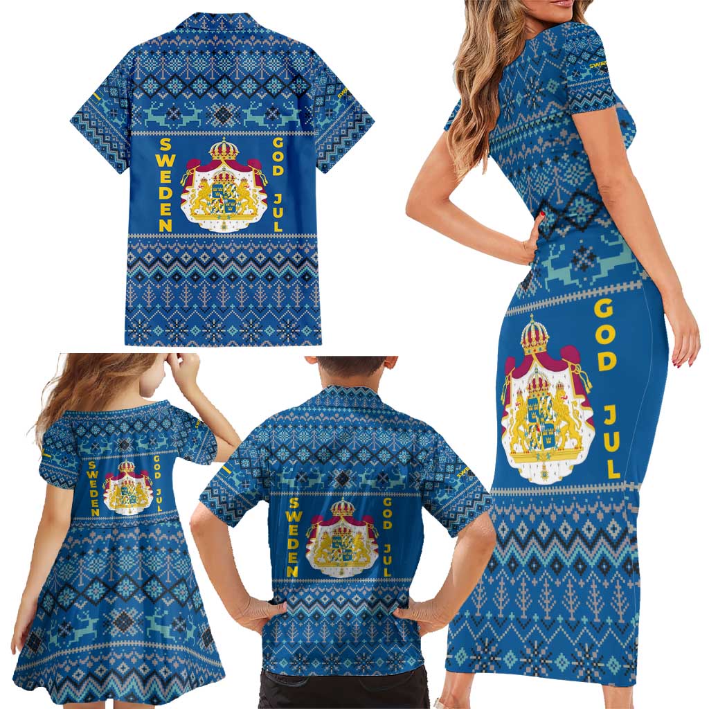 Sweden Christmas Family Matching Short Sleeve Bodycon Dress and Hawaiian Shirt with Gnome Yule Goat Royal Crest and Nordic Pattern - Wonder Print Shop