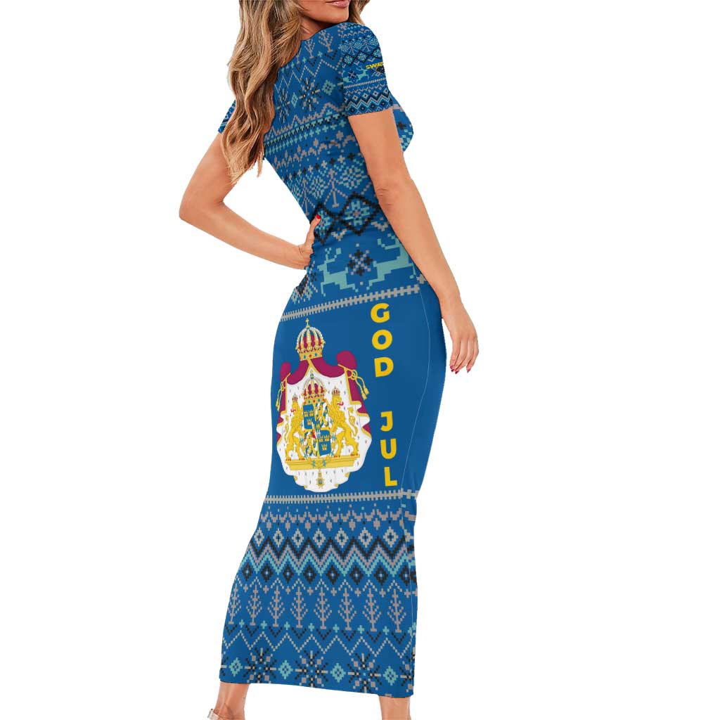 Sweden Christmas Family Matching Short Sleeve Bodycon Dress and Hawaiian Shirt with Gnome Yule Goat Royal Crest and Nordic Pattern - Wonder Print Shop