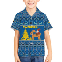 Sweden Christmas Family Matching Short Sleeve Bodycon Dress and Hawaiian Shirt with Gnome Yule Goat Royal Crest and Nordic Pattern - Wonder Print Shop