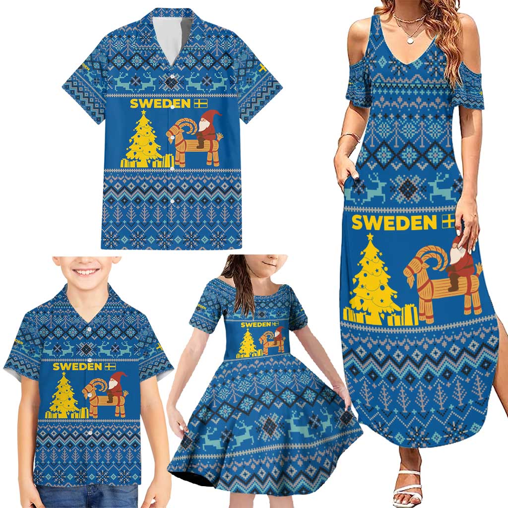 Sweden Christmas Family Matching Summer Maxi Dress and Hawaiian Shirt with Gnome Yule Goat Royal Crest and Nordic Pattern - Wonder Print Shop