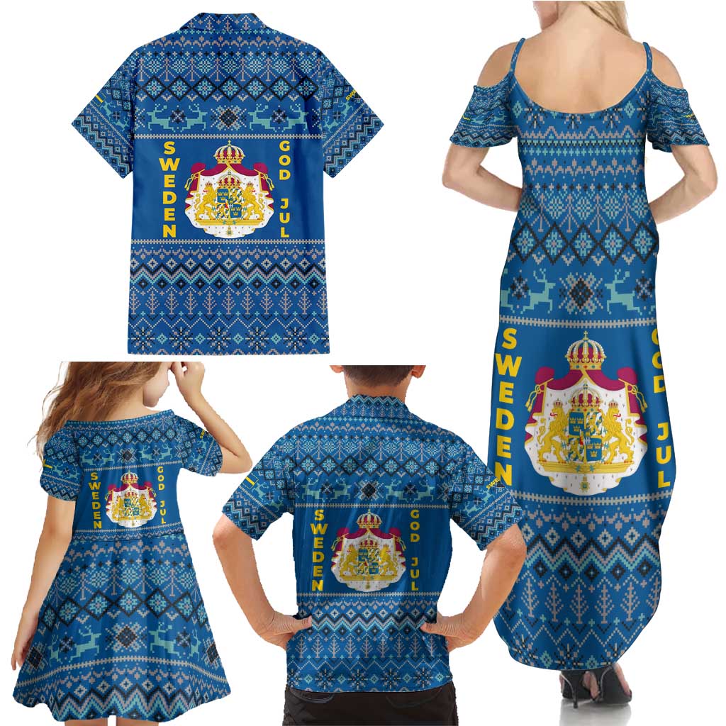Sweden Christmas Family Matching Summer Maxi Dress and Hawaiian Shirt with Gnome Yule Goat Royal Crest and Nordic Pattern - Wonder Print Shop
