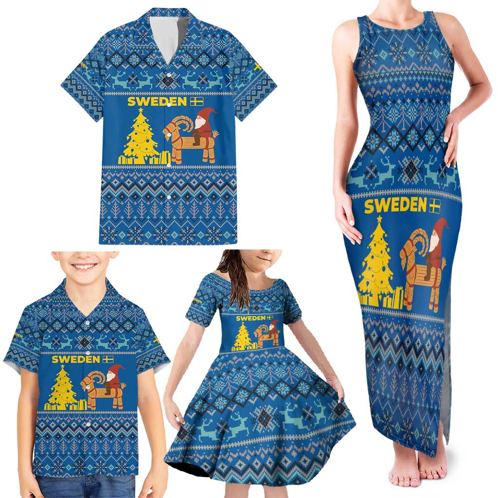 Sweden Christmas Family Matching Tank Maxi Dress and Hawaiian Shirt with Gnome Yule Goat Royal Crest and Nordic Pattern - Wonder Print Shop