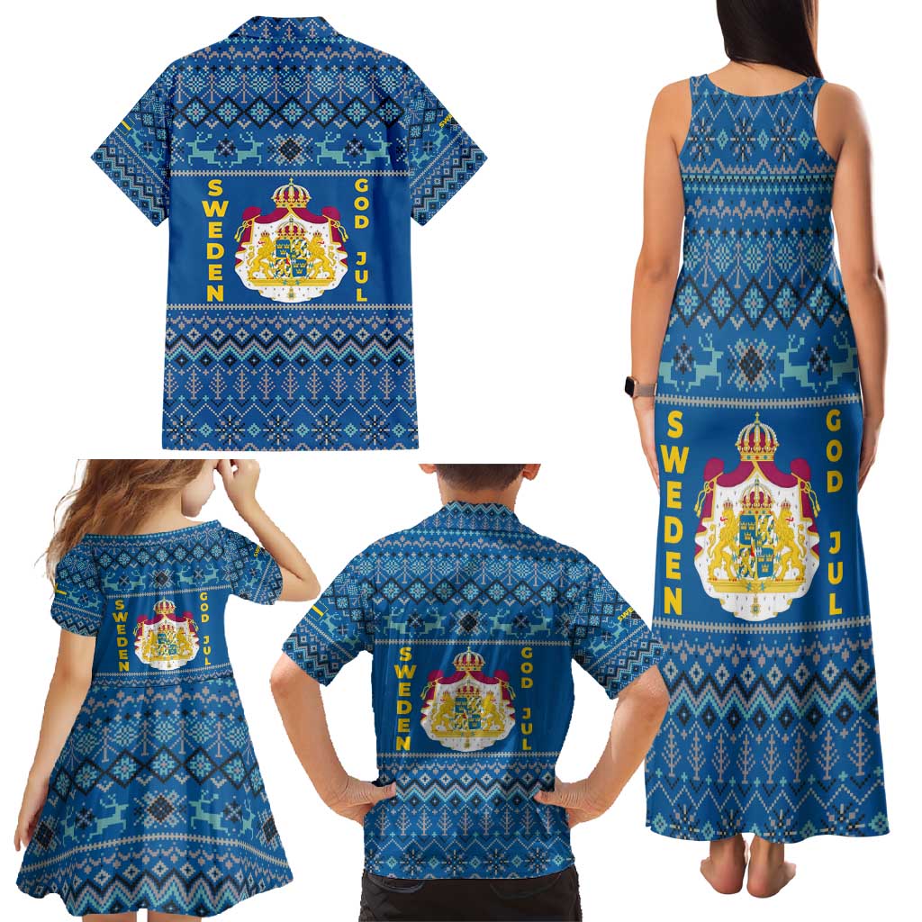 Sweden Christmas Family Matching Tank Maxi Dress and Hawaiian Shirt with Gnome Yule Goat Royal Crest and Nordic Pattern - Wonder Print Shop