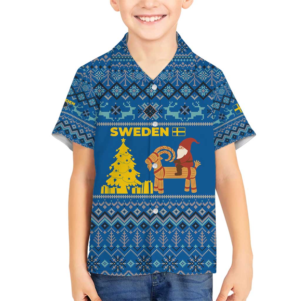 Sweden Christmas Family Matching Tank Maxi Dress and Hawaiian Shirt with Gnome Yule Goat Royal Crest and Nordic Pattern - Wonder Print Shop