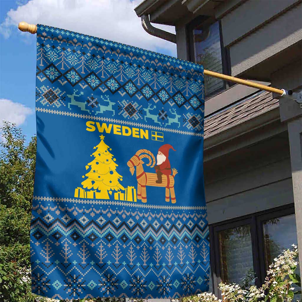 Sweden Christmas Garden Flag with Gnome Yule Goat Royal Crest and Nordic Pattern - Wonder Print Shop