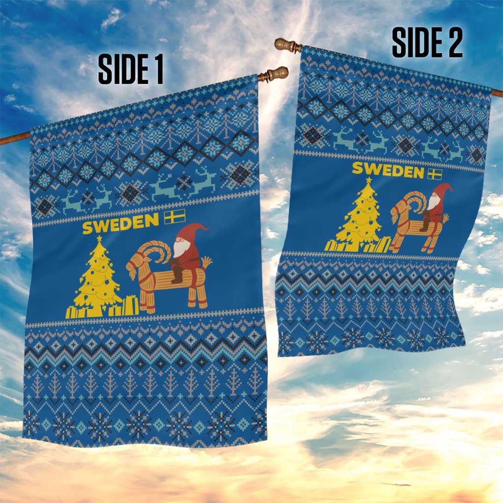 Sweden Christmas Garden Flag with Gnome Yule Goat Royal Crest and Nordic Pattern - Wonder Print Shop