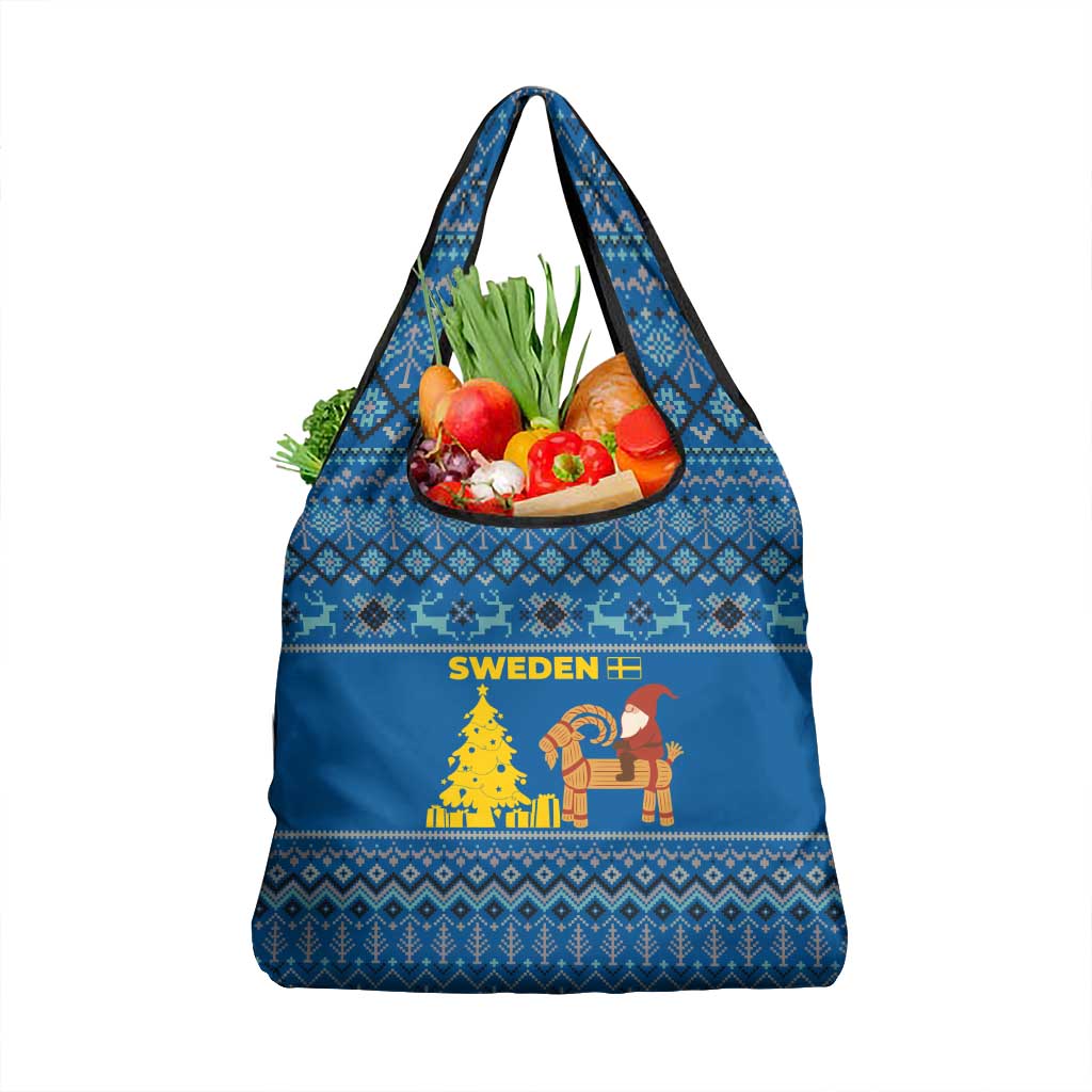 Sweden Christmas Grocery Bag with Gnome Yule Goat Royal Crest and Nordic Pattern - Wonder Print Shop