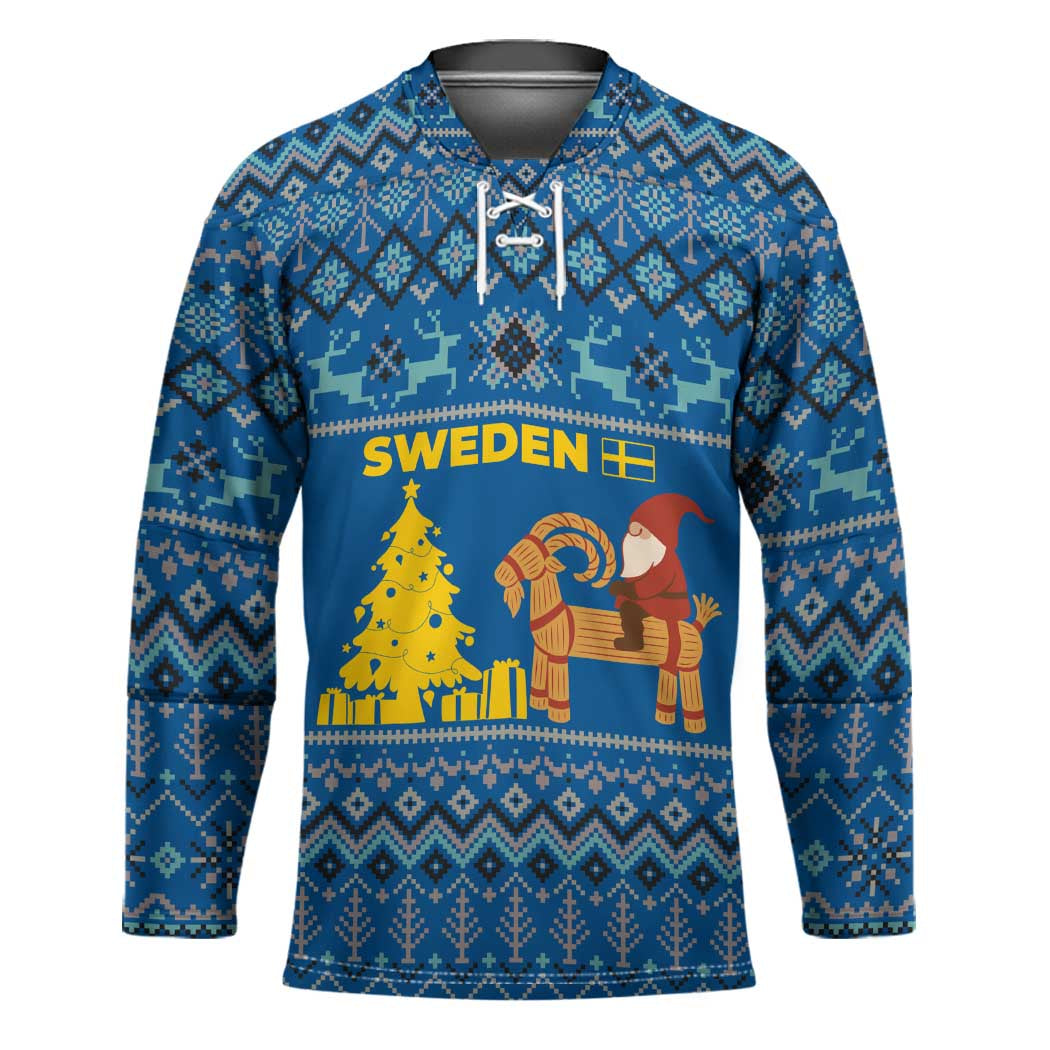 Sweden Christmas Hockey Jersey with Gnome Yule Goat Royal Crest and Nordic Pattern - Wonder Print Shop