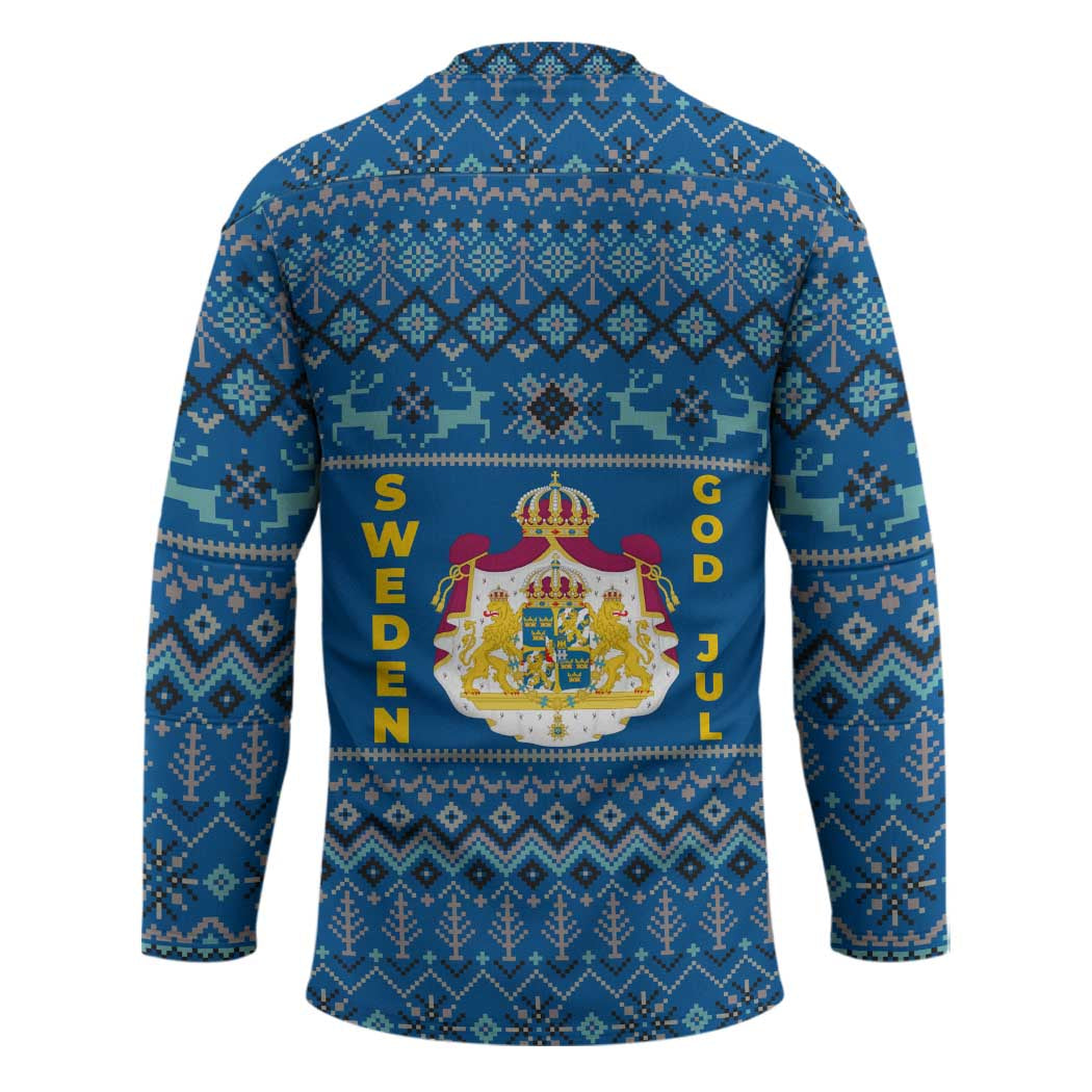 Sweden Christmas Hockey Jersey with Gnome Yule Goat Royal Crest and Nordic Pattern - Wonder Print Shop