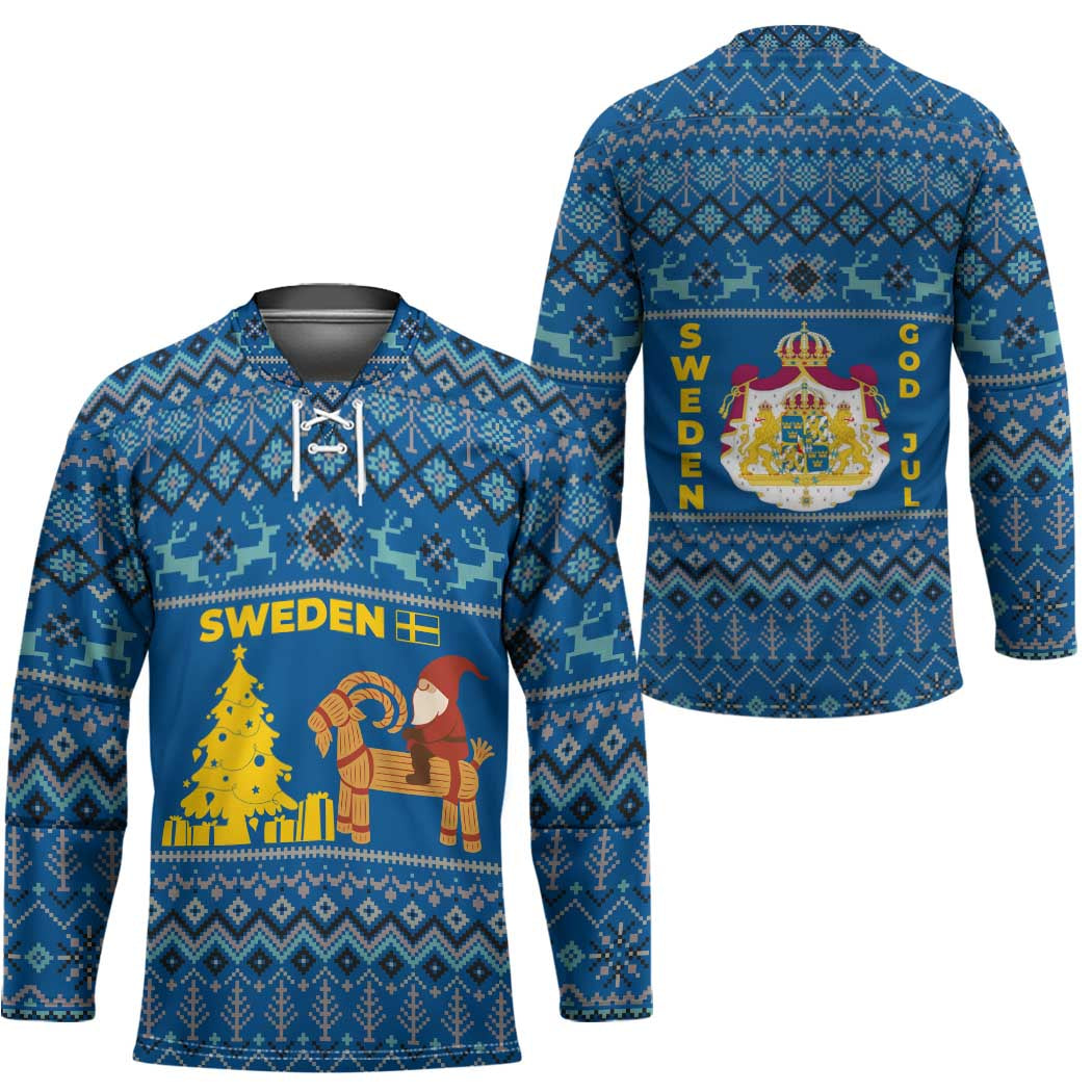 Sweden Christmas Hockey Jersey with Gnome Yule Goat Royal Crest and Nordic Pattern - Wonder Print Shop