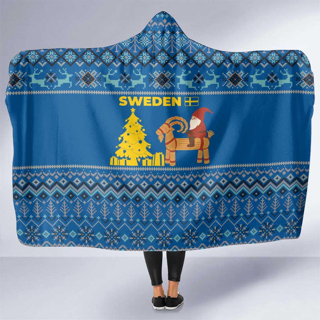 Sweden Christmas Hooded Blanket with Gnome Yule Goat Royal Crest and Nordic Pattern - Wonder Print Shop