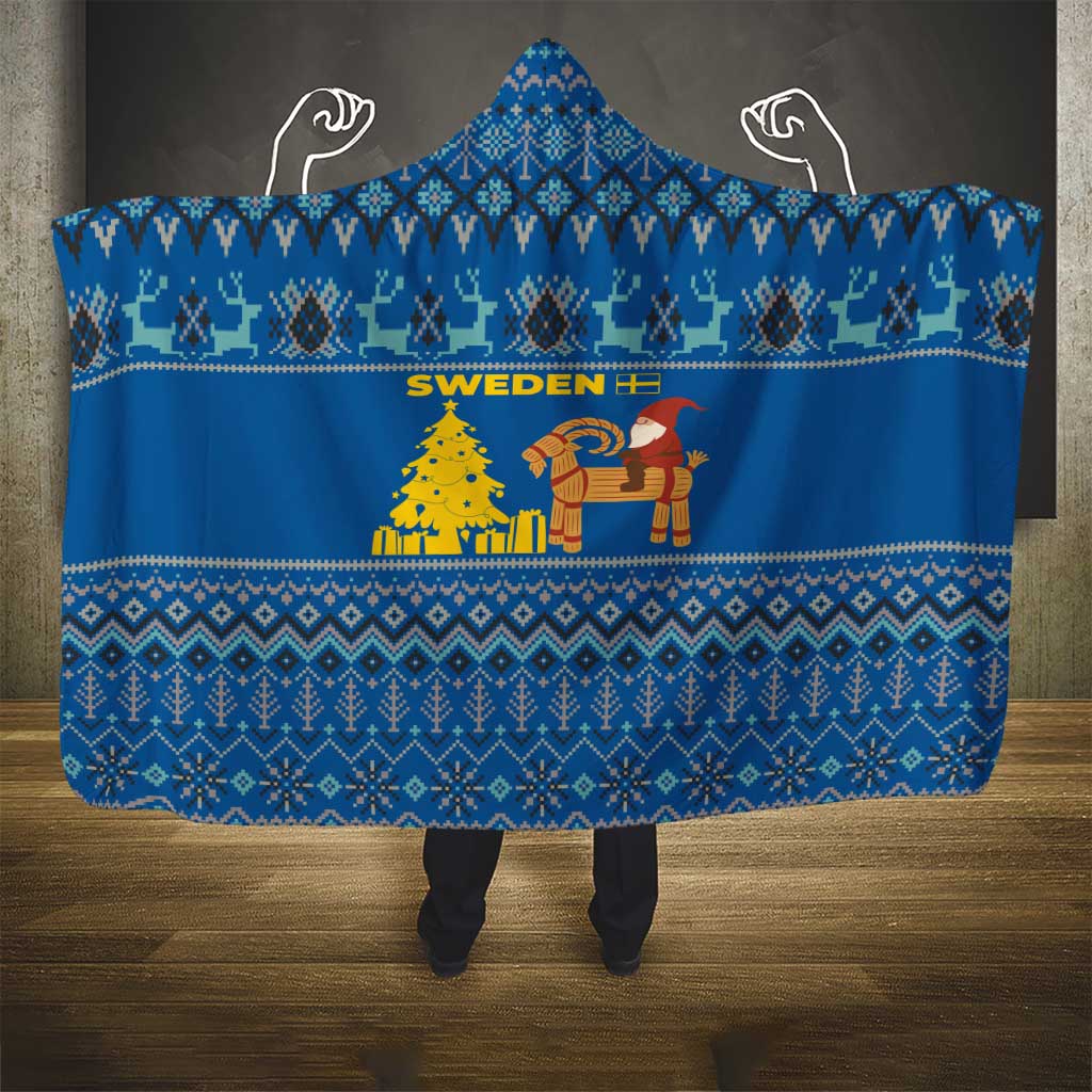 Sweden Christmas Hooded Blanket with Gnome Yule Goat Royal Crest and Nordic Pattern - Wonder Print Shop