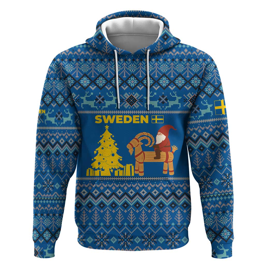 Sweden Christmas Hoodie with Gnome Yule Goat Royal Crest and Nordic Pattern - Wonder Print Shop