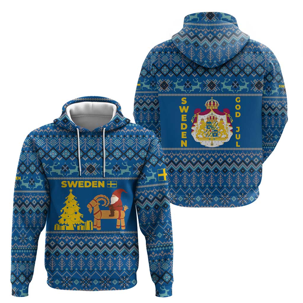Sweden Christmas Hoodie with Gnome Yule Goat Royal Crest and Nordic Pattern - Wonder Print Shop