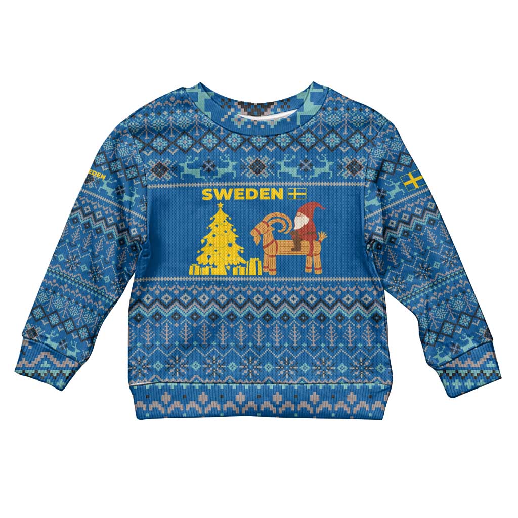 Sweden Christmas Kid Ugly Christmas Sweater with Gnome Yule Goat Royal Crest and Nordic Pattern - Wonder Print Shop