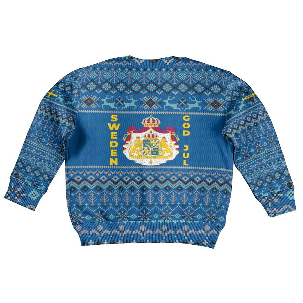 Sweden Christmas Kid Ugly Christmas Sweater with Gnome Yule Goat Royal Crest and Nordic Pattern - Wonder Print Shop