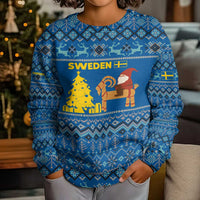 Sweden Christmas Kid Ugly Christmas Sweater with Gnome Yule Goat Royal Crest and Nordic Pattern - Wonder Print Shop