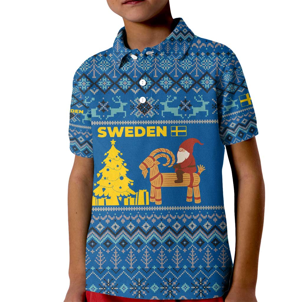 Sweden Christmas Kid Polo Shirt with Gnome Yule Goat Royal Crest and Nordic Pattern - Wonder Print Shop