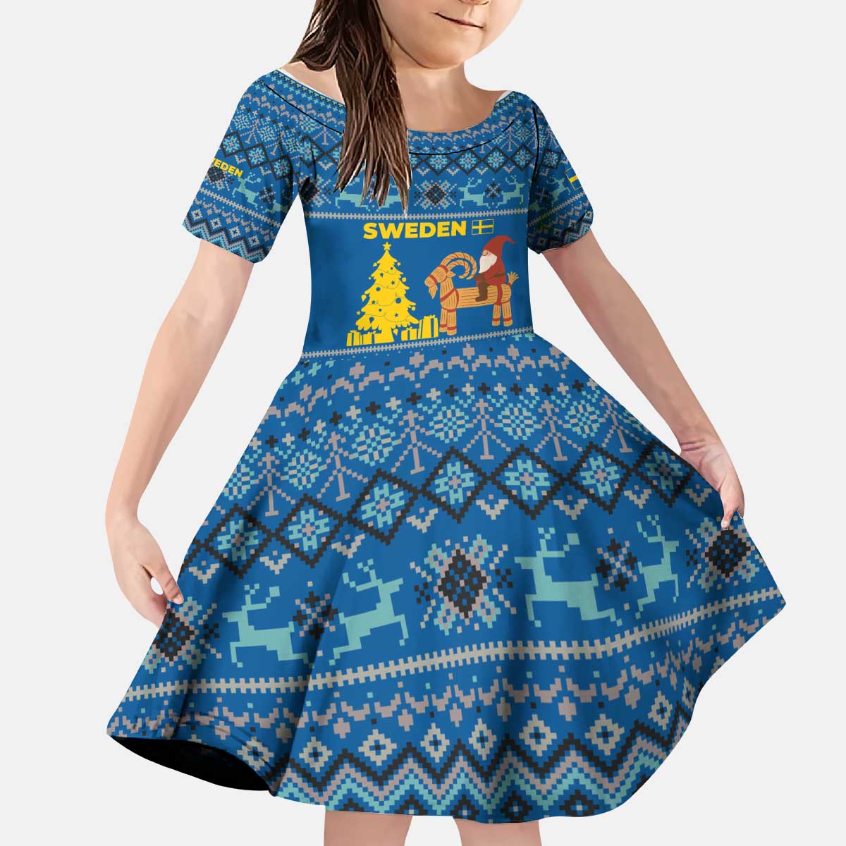 Sweden Christmas Kid Short Sleeve Dress with Gnome Yule Goat Royal Crest and Nordic Pattern - Wonder Print Shop