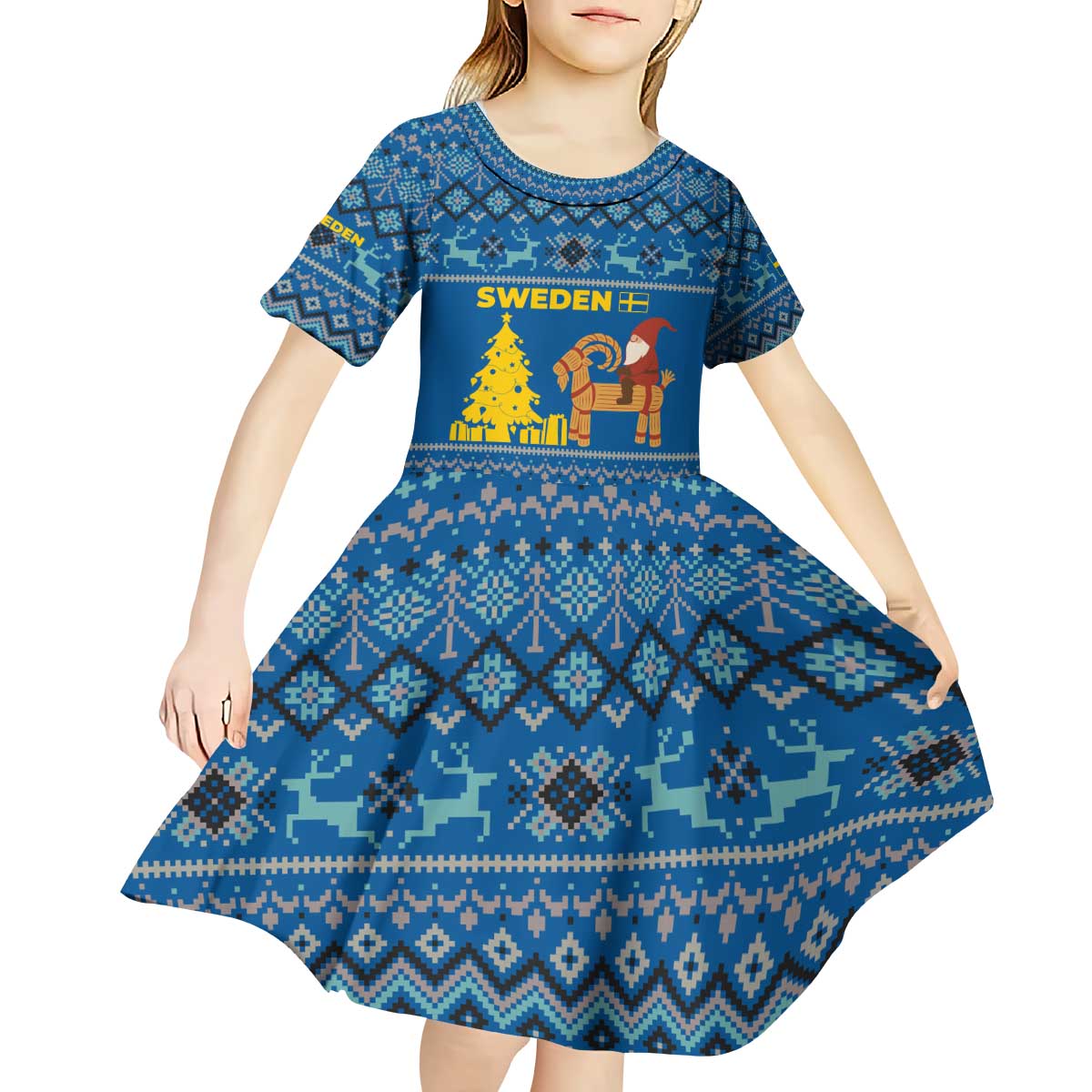 Sweden Christmas Kid Short Sleeve Dress with Gnome Yule Goat Royal Crest and Nordic Pattern - Wonder Print Shop