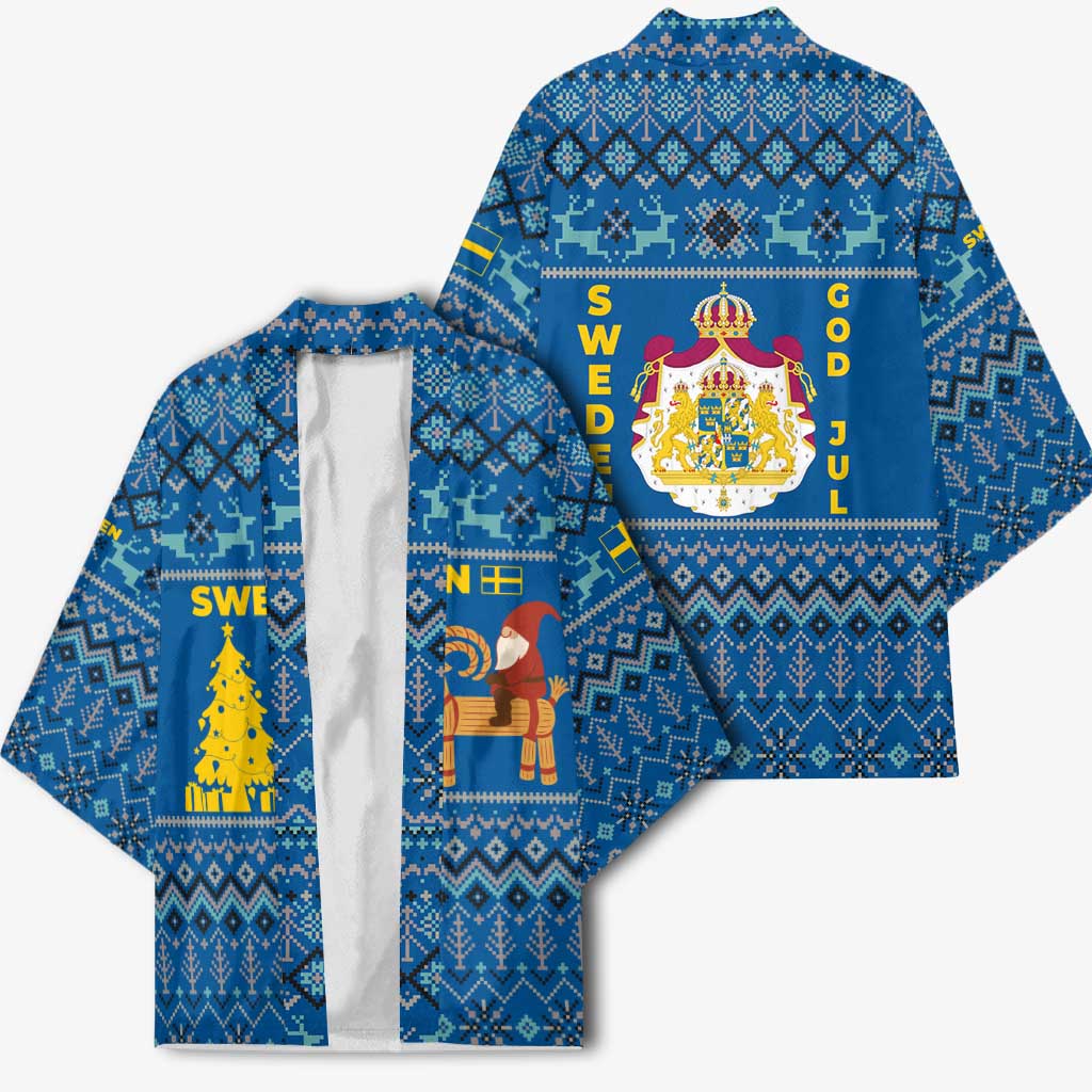 Sweden Christmas Kimono with Gnome Yule Goat Royal Crest and Nordic Pattern - Wonder Print Shop