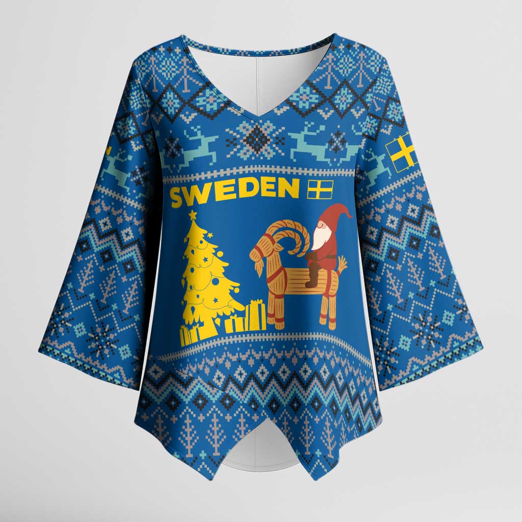 Sweden Christmas Kimono Sleeve Blouse with Gnome Yule Goat Royal Crest and Nordic Pattern - Wonder Print Shop