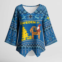Sweden Christmas Kimono Sleeve Blouse with Gnome Yule Goat Royal Crest and Nordic Pattern - Wonder Print Shop