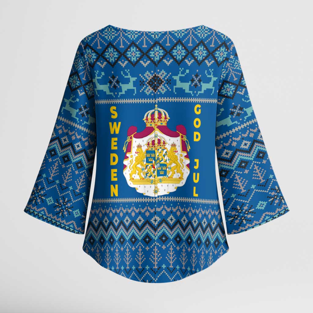 Sweden Christmas Kimono Sleeve Blouse with Gnome Yule Goat Royal Crest and Nordic Pattern - Wonder Print Shop