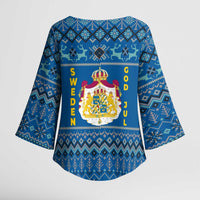 Sweden Christmas Kimono Sleeve Blouse with Gnome Yule Goat Royal Crest and Nordic Pattern - Wonder Print Shop