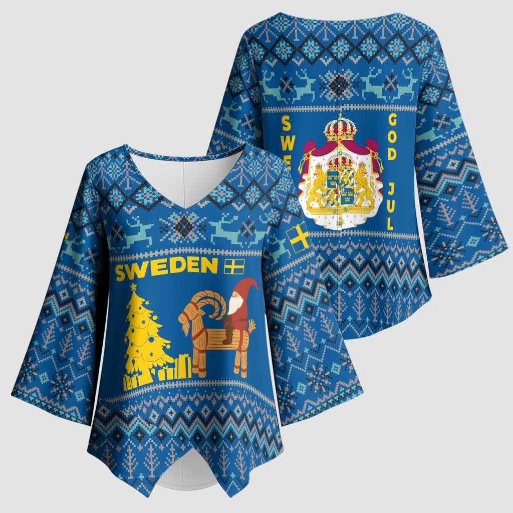 Sweden Christmas Kimono Sleeve Blouse with Gnome Yule Goat Royal Crest and Nordic Pattern - Wonder Print Shop
