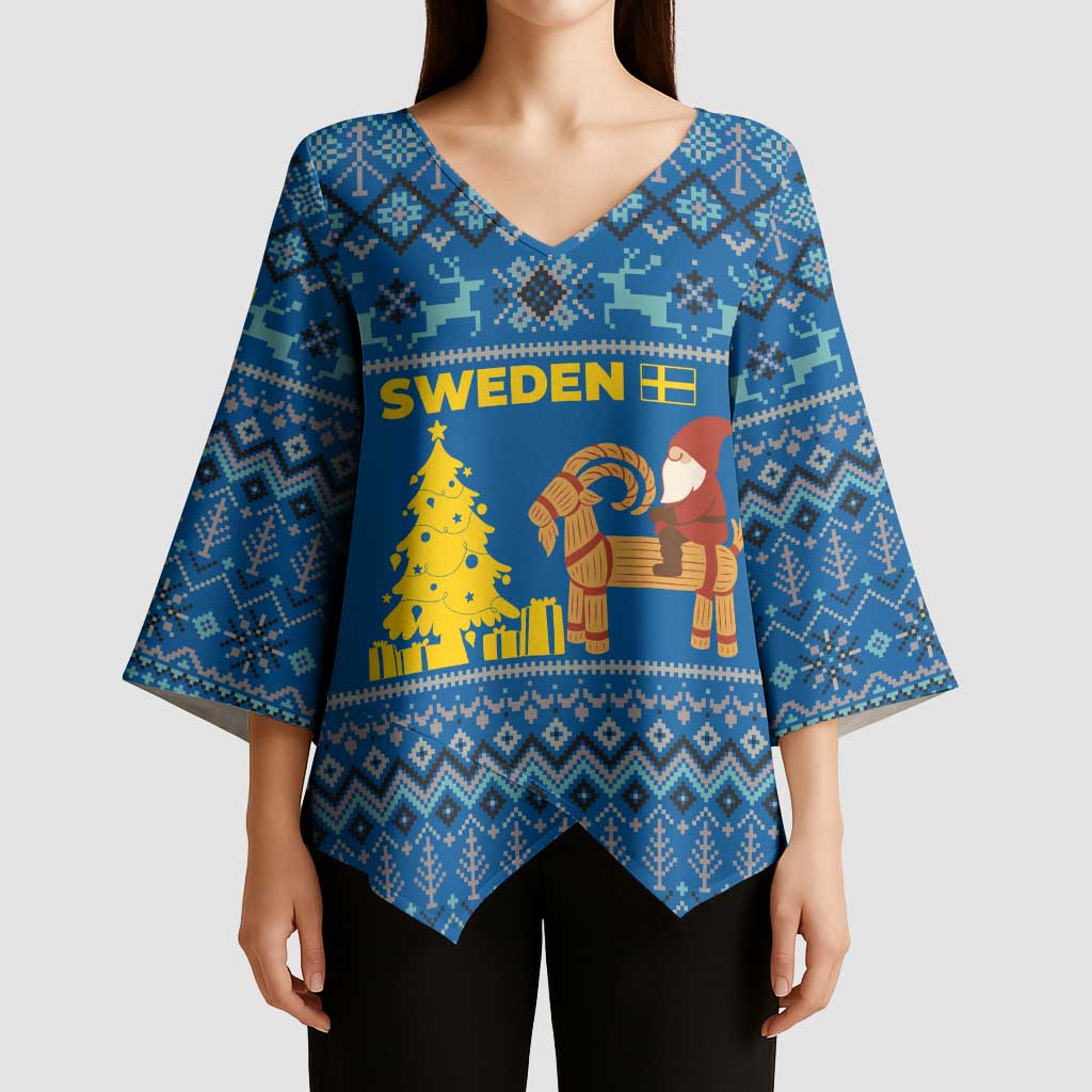 Sweden Christmas Kimono Sleeve Blouse with Gnome Yule Goat Royal Crest and Nordic Pattern - Wonder Print Shop