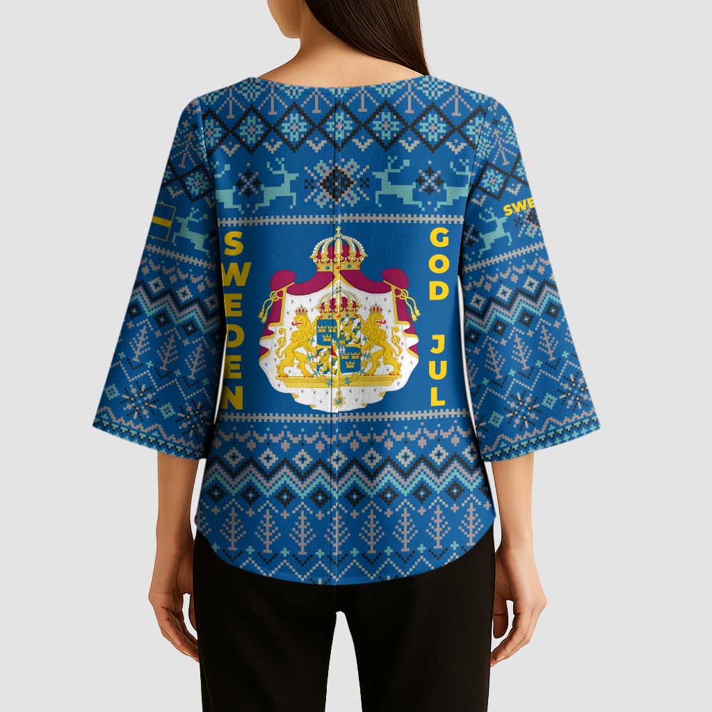 Sweden Christmas Kimono Sleeve Blouse with Gnome Yule Goat Royal Crest and Nordic Pattern - Wonder Print Shop