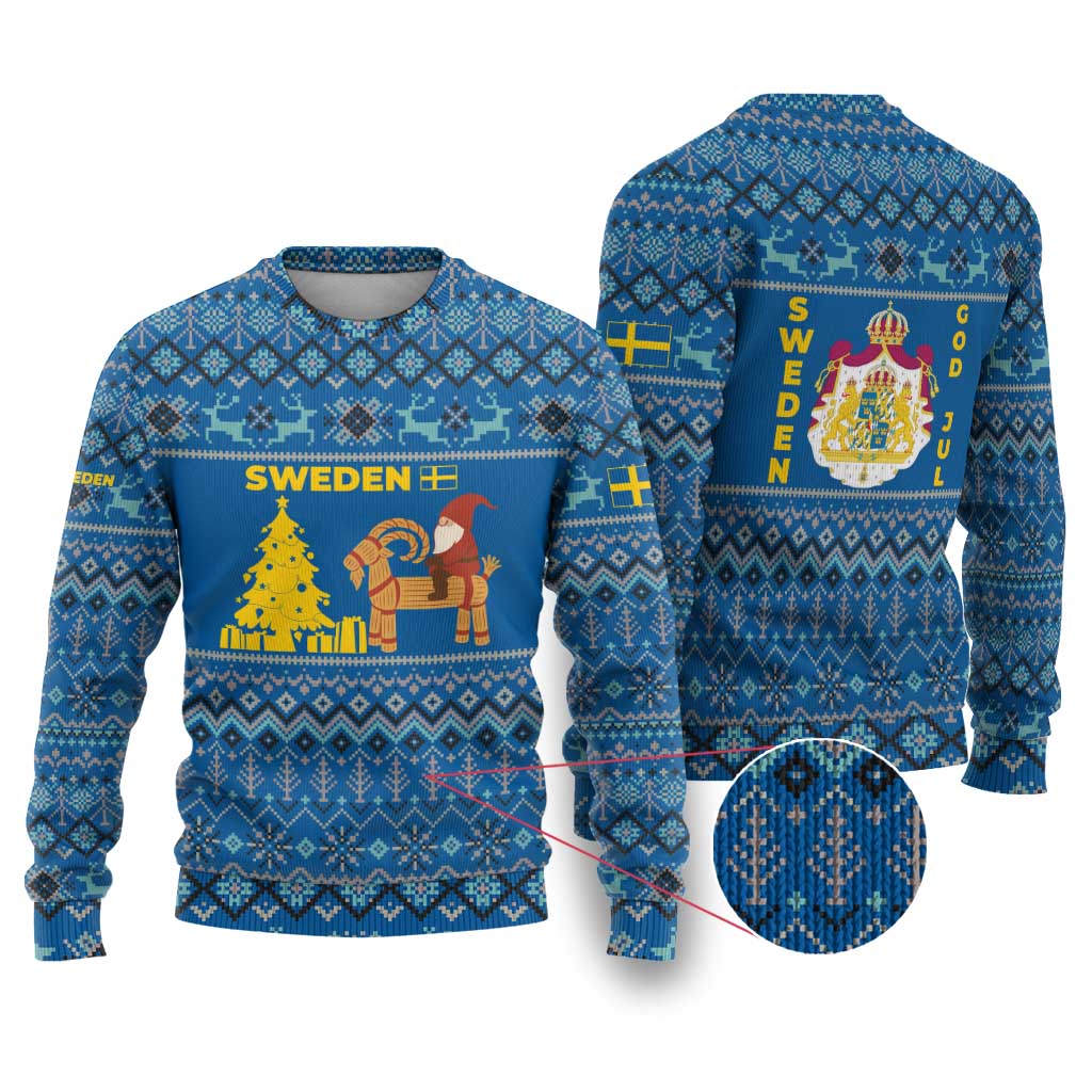 Sweden Christmas Ugly Christmas Sweater with Gnome Yule Goat Royal Crest and Nordic Pattern - Wonder Print Shop