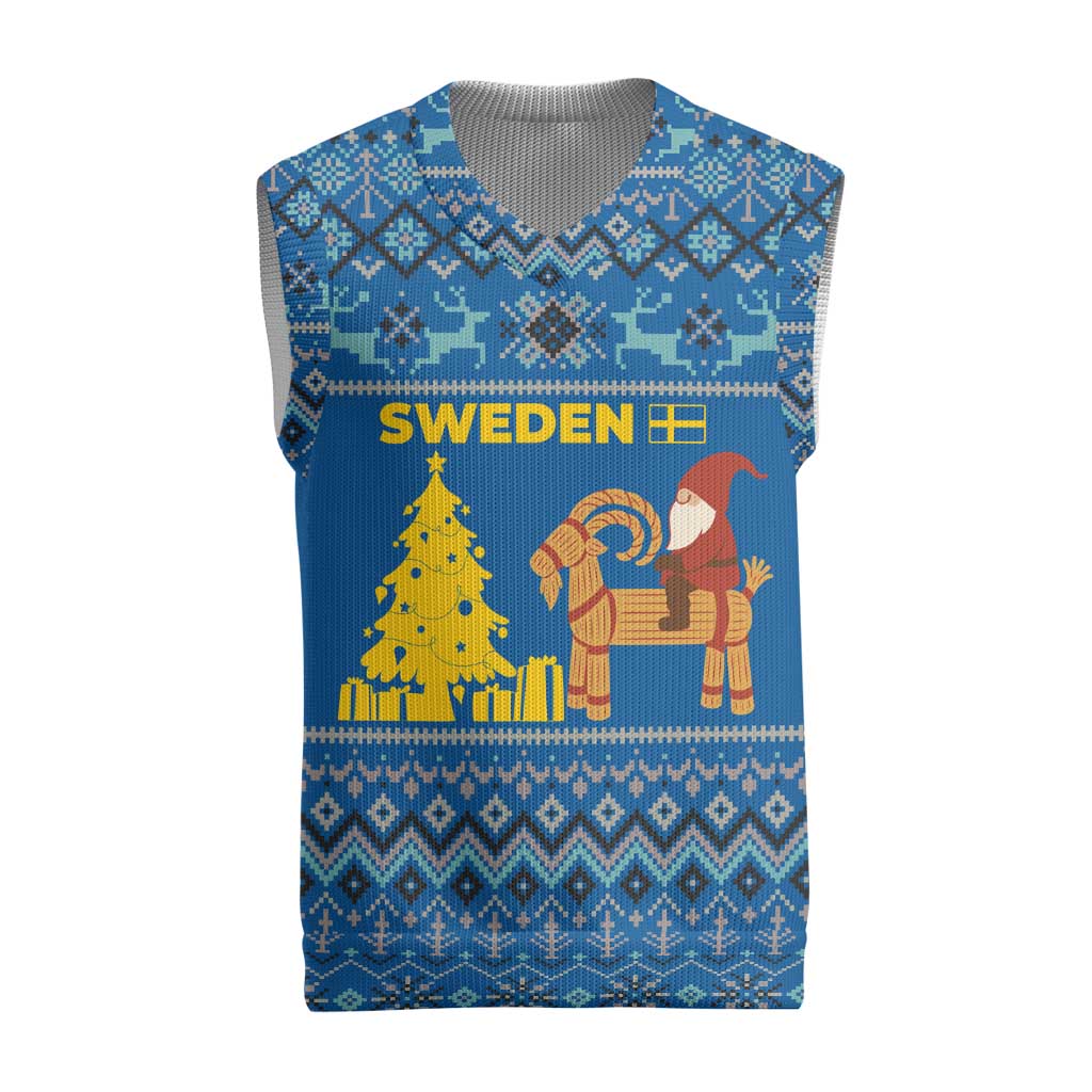 Sweden Christmas Knitted V-Neck Vest with Gnome Yule Goat Royal Crest and Nordic Pattern - Wonder Print Shop