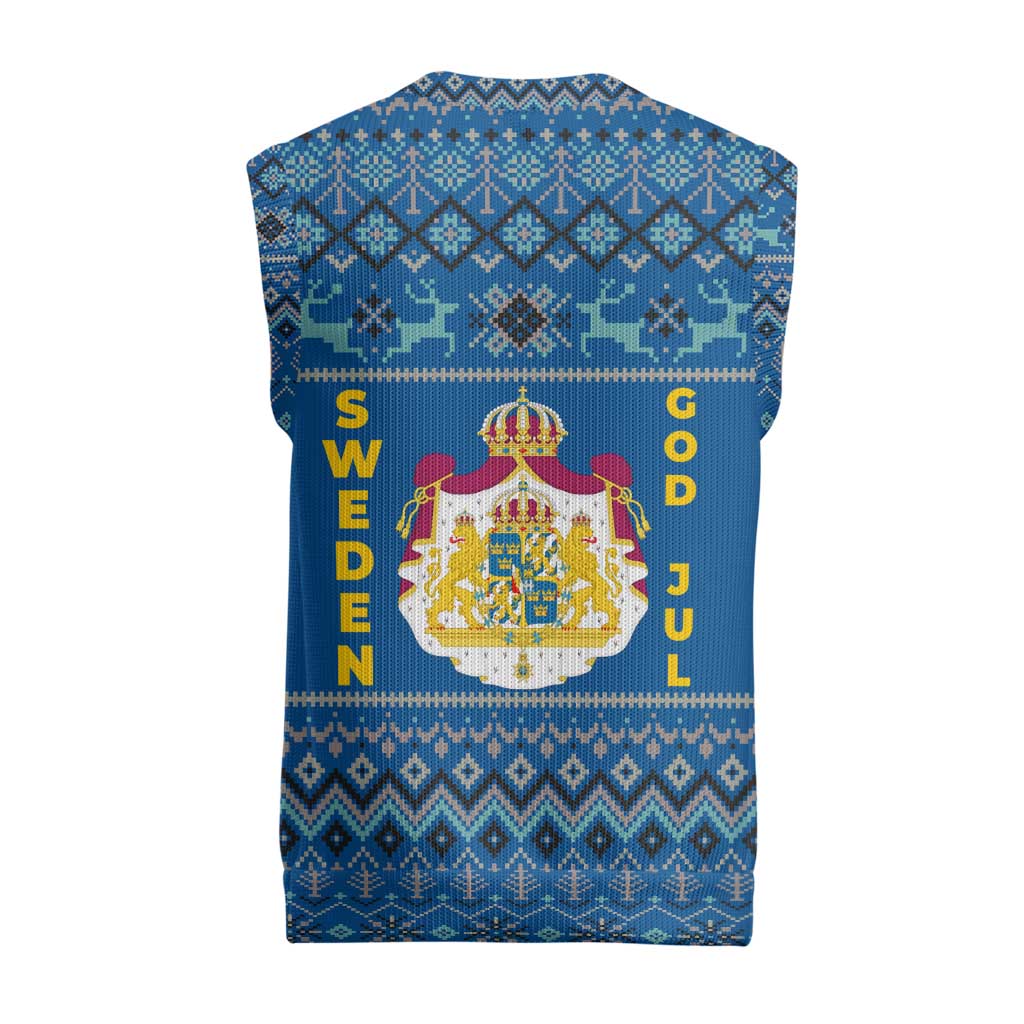 Sweden Christmas Knitted V-Neck Vest with Gnome Yule Goat Royal Crest and Nordic Pattern - Wonder Print Shop