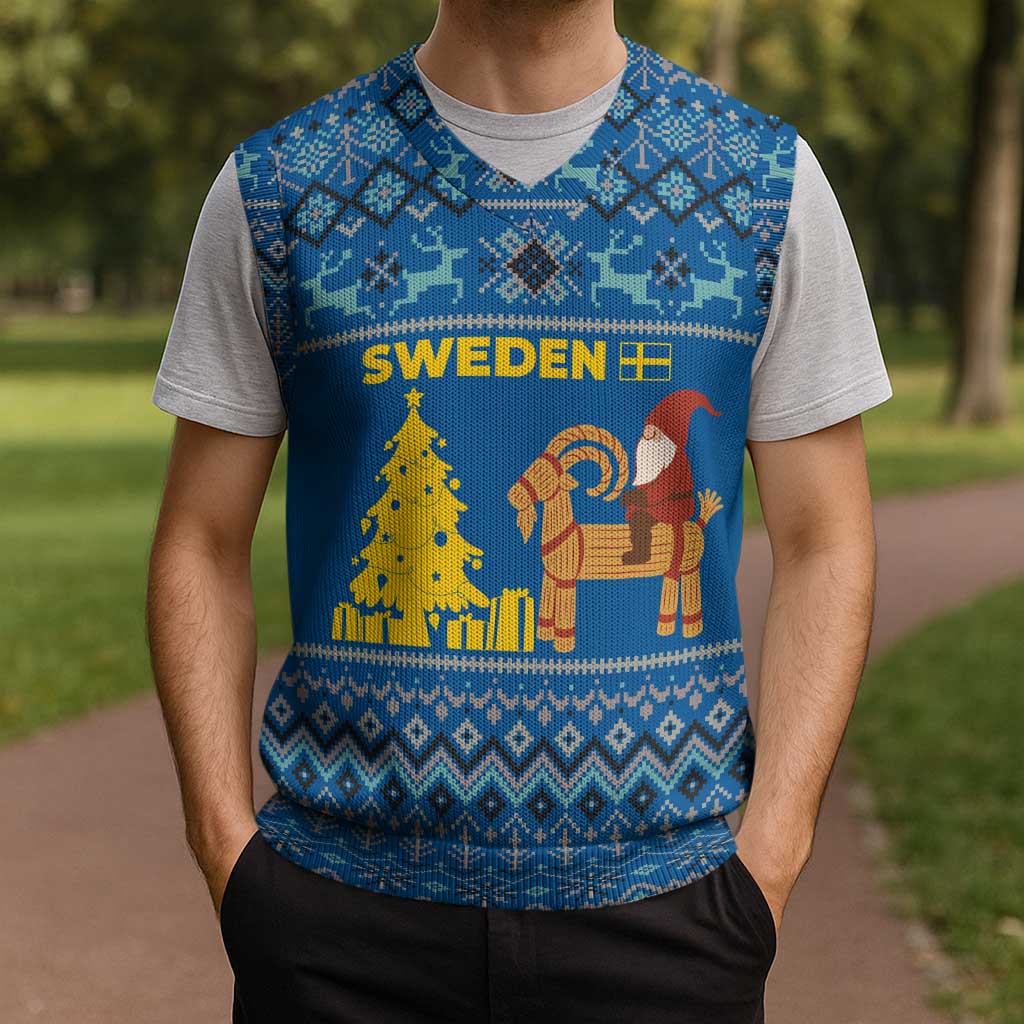 Sweden Christmas Knitted V-Neck Vest with Gnome Yule Goat Royal Crest and Nordic Pattern - Wonder Print Shop