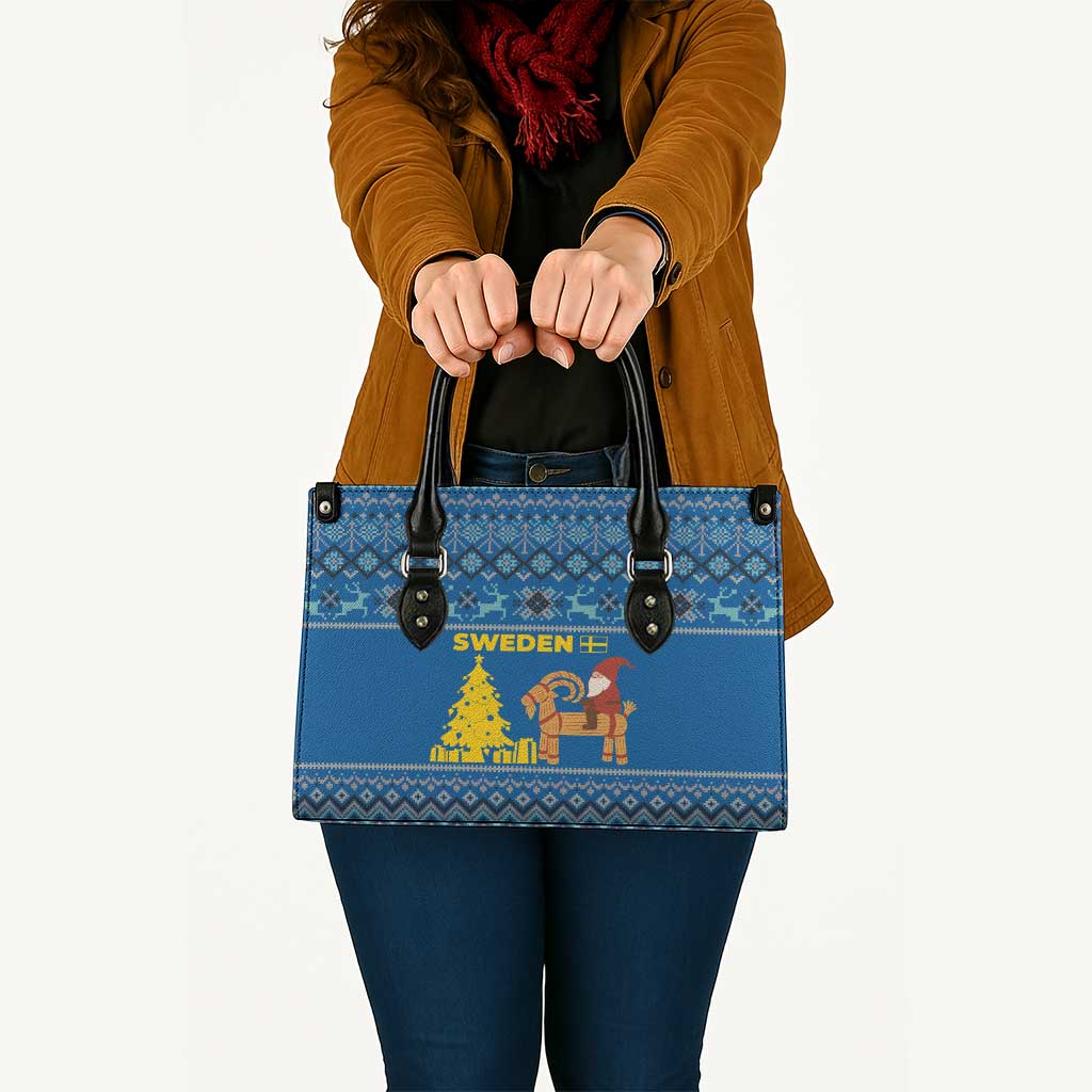 Sweden Christmas Leather Bag with Gnome Yule Goat Royal Crest and Nordic Pattern - Wonder Print Shop