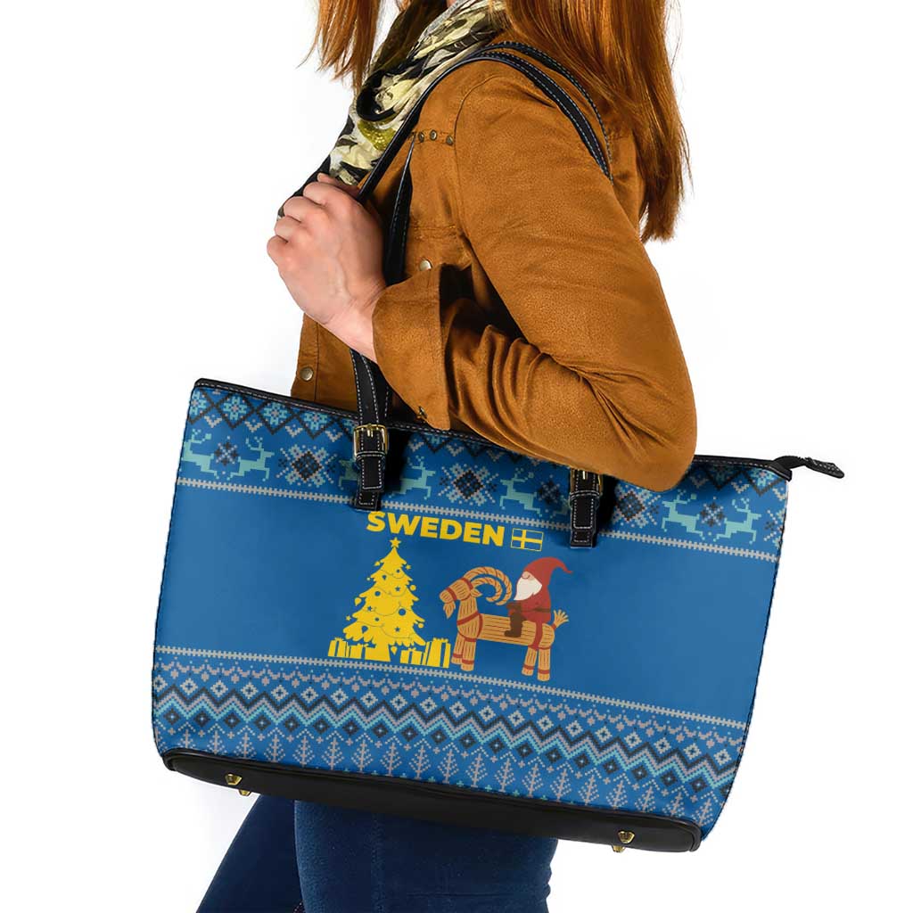 Sweden Christmas Leather Tote Bag with Gnome Yule Goat Royal Crest and Nordic Pattern - Wonder Print Shop