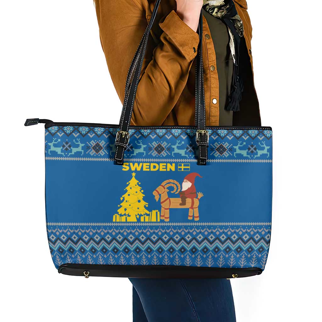 Sweden Christmas Leather Tote Bag with Gnome Yule Goat Royal Crest and Nordic Pattern - Wonder Print Shop
