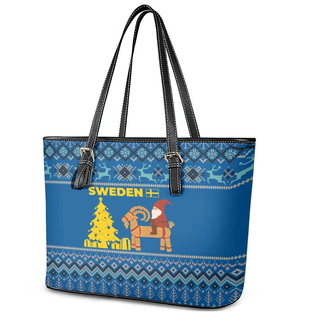 Sweden Christmas Leather Tote Bag with Gnome Yule Goat Royal Crest and Nordic Pattern - Wonder Print Shop