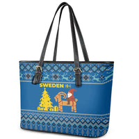 Sweden Christmas Leather Tote Bag with Gnome Yule Goat Royal Crest and Nordic Pattern - Wonder Print Shop