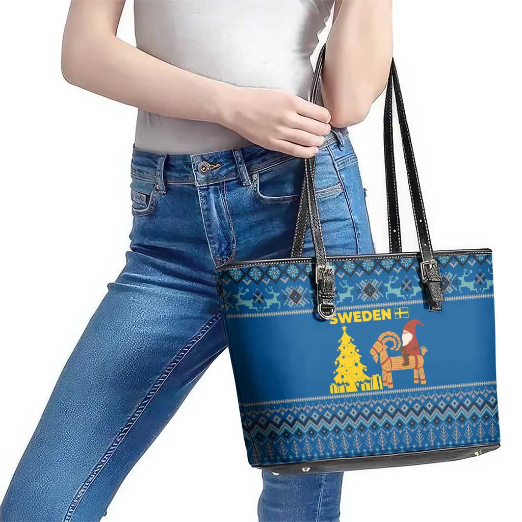 Sweden Christmas Leather Tote Bag with Gnome Yule Goat Royal Crest and Nordic Pattern - Wonder Print Shop