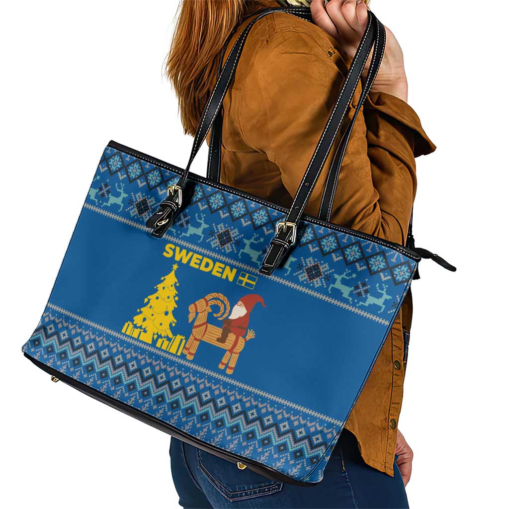 Sweden Christmas Leather Tote Bag with Gnome Yule Goat Royal Crest and Nordic Pattern - Wonder Print Shop
