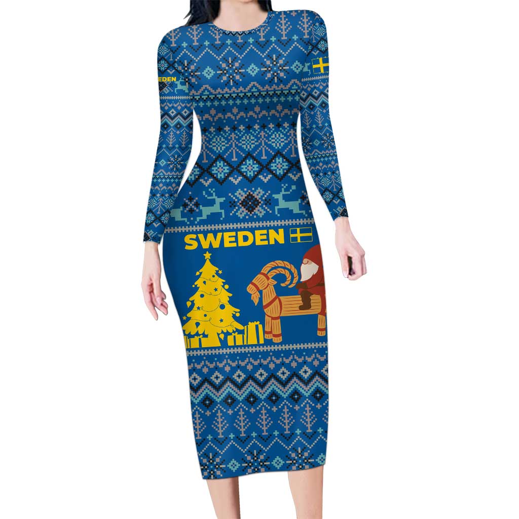 Sweden Christmas Long Sleeve Bodycon Dress with Gnome Yule Goat Royal Crest and Nordic Pattern - Wonder Print Shop